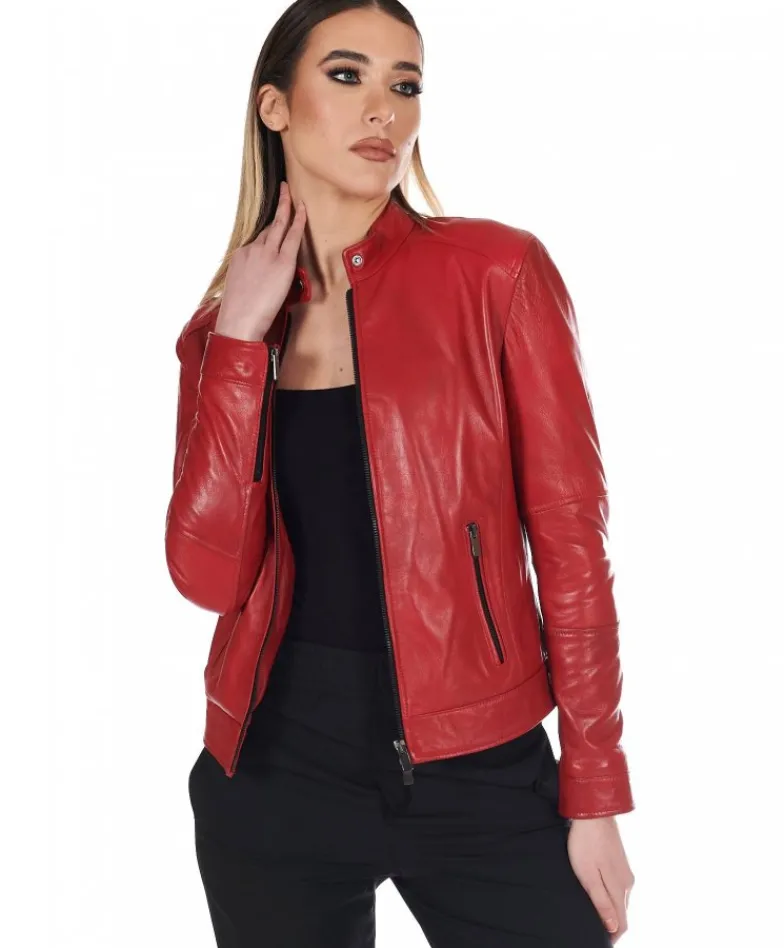 Donna D'Arienzo Linda - Giacca biker in pelle rossa nappa effetto liscio