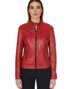 Donna D'Arienzo Linda - Giacca biker in pelle rossa nappa effetto liscio