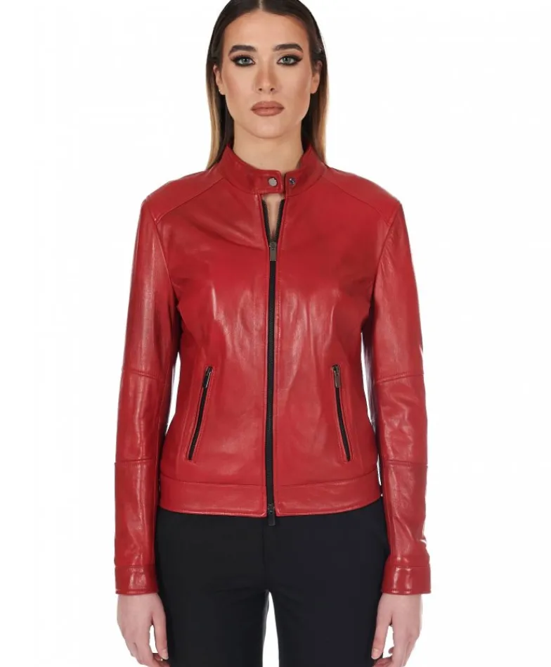 Donna D'Arienzo Linda - Giacca biker in pelle rossa nappa effetto liscio