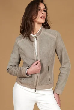 Donna D'Arienzo Linda - Giacca biker in pelle camoscio traforato grigio effetto liscio
