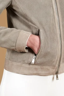 Donna D'Arienzo Linda - Giacca biker in pelle camoscio traforato grigio effetto liscio