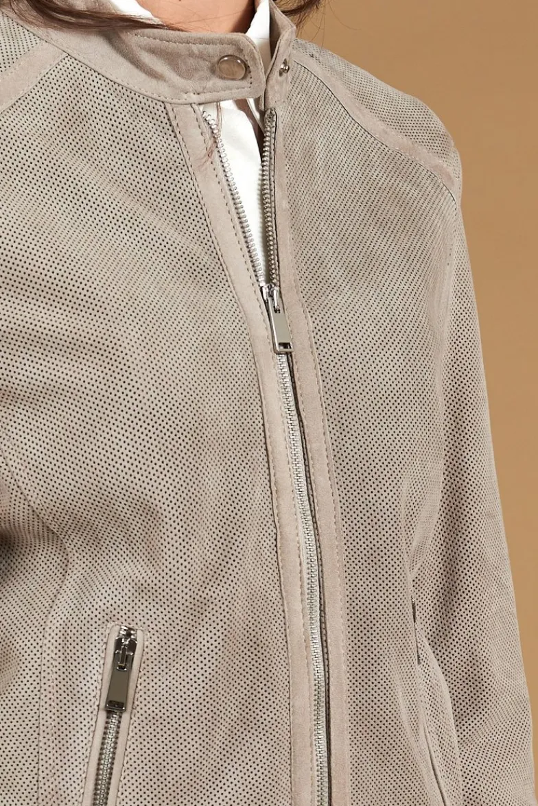 Donna D'Arienzo Linda - Giacca biker in pelle camoscio traforato grigio effetto liscio