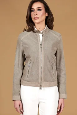 Donna D'Arienzo Linda - Giacca biker in pelle camoscio traforato grigio effetto liscio