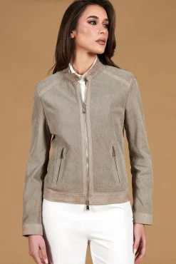 Donna D'Arienzo Linda - Giacca biker in pelle camoscio traforato grigio effetto liscio