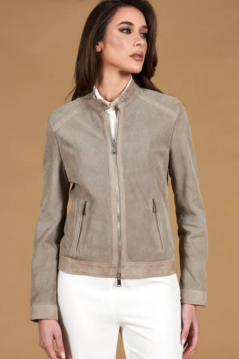 Donna D'Arienzo Linda - Giacca biker in pelle camoscio traforato grigio effetto liscio