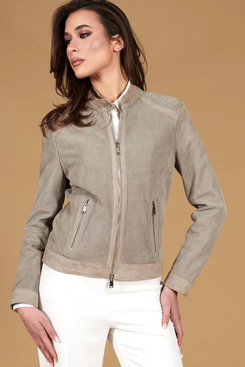 Donna D'Arienzo Linda - Giacca biker in pelle camoscio traforato grigio effetto liscio