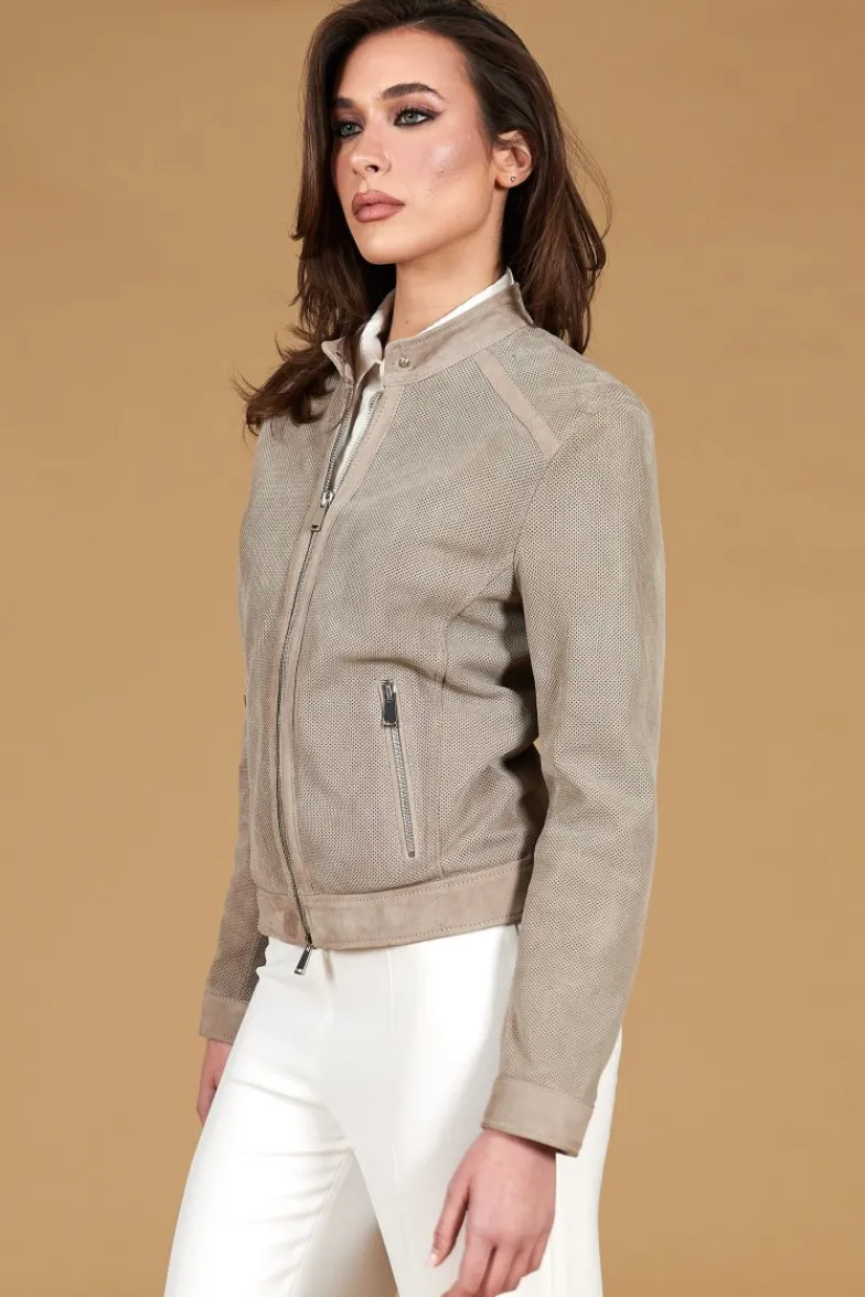 Donna D'Arienzo Linda - Giacca biker in pelle camoscio traforato grigio effetto liscio