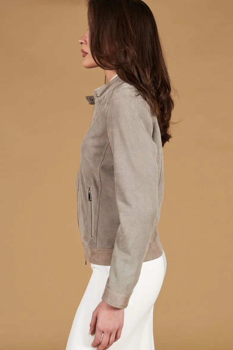 Donna D'Arienzo Linda - Giacca biker in pelle camoscio traforato grigio effetto liscio