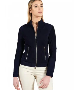 Donna D'Arienzo Linda - Giacca biker in pelle camoscio traforata blu effetto liscio
