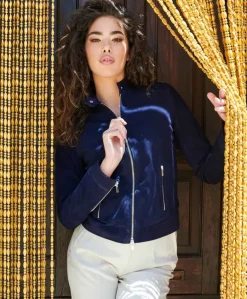 Donna D'Arienzo Linda - Giacca biker in pelle camoscio traforata blu effetto liscio