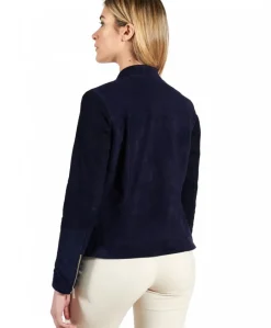 Donna D'Arienzo Linda - Giacca biker in pelle camoscio traforata blu effetto liscio