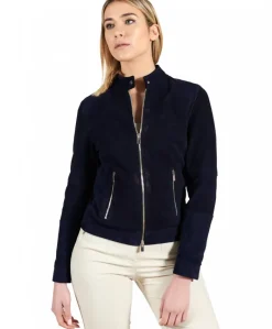 Donna D'Arienzo Linda - Giacca biker in pelle camoscio traforata blu effetto liscio