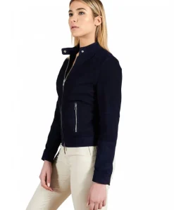 Donna D'Arienzo Linda - Giacca biker in pelle camoscio traforata blu effetto liscio