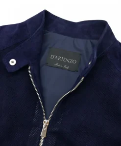 Donna D'Arienzo Linda - Giacca biker in pelle camoscio traforata blu effetto liscio