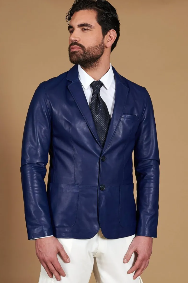 Uomo D'Arienzo Luke - Blazer in pelle naturale bluette con due bottoni