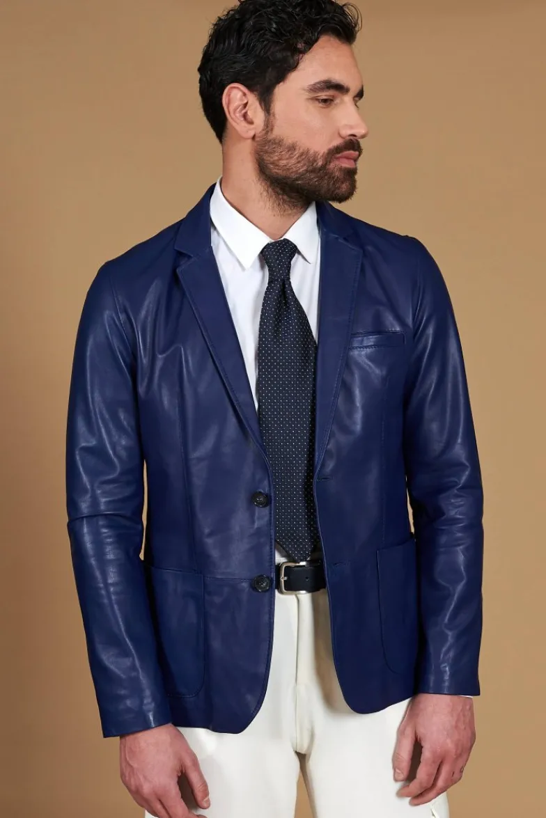 Uomo D'Arienzo Luke - Blazer in pelle naturale bluette con due bottoni