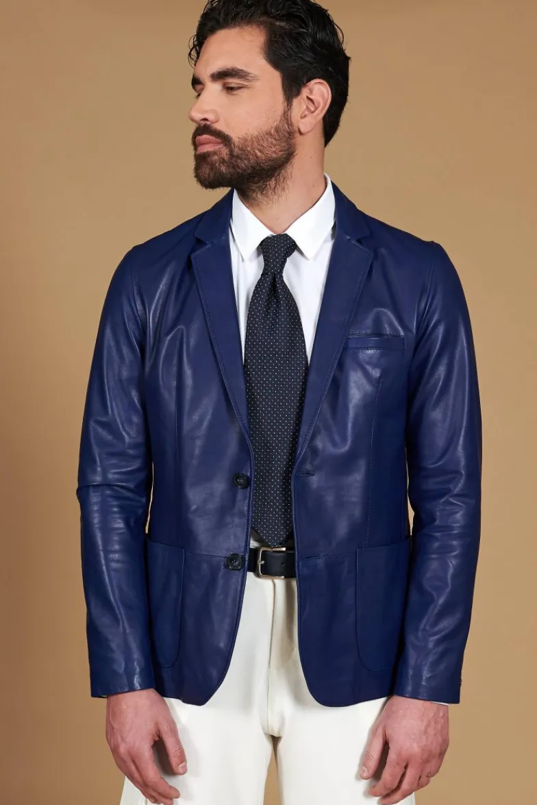Uomo D'Arienzo Luke - Blazer in pelle naturale bluette con due bottoni