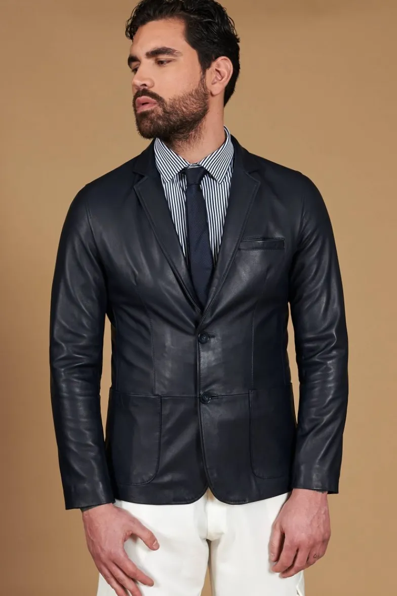 Uomo D'Arienzo Luke - Blazer in pelle naturale blu con due bottoni