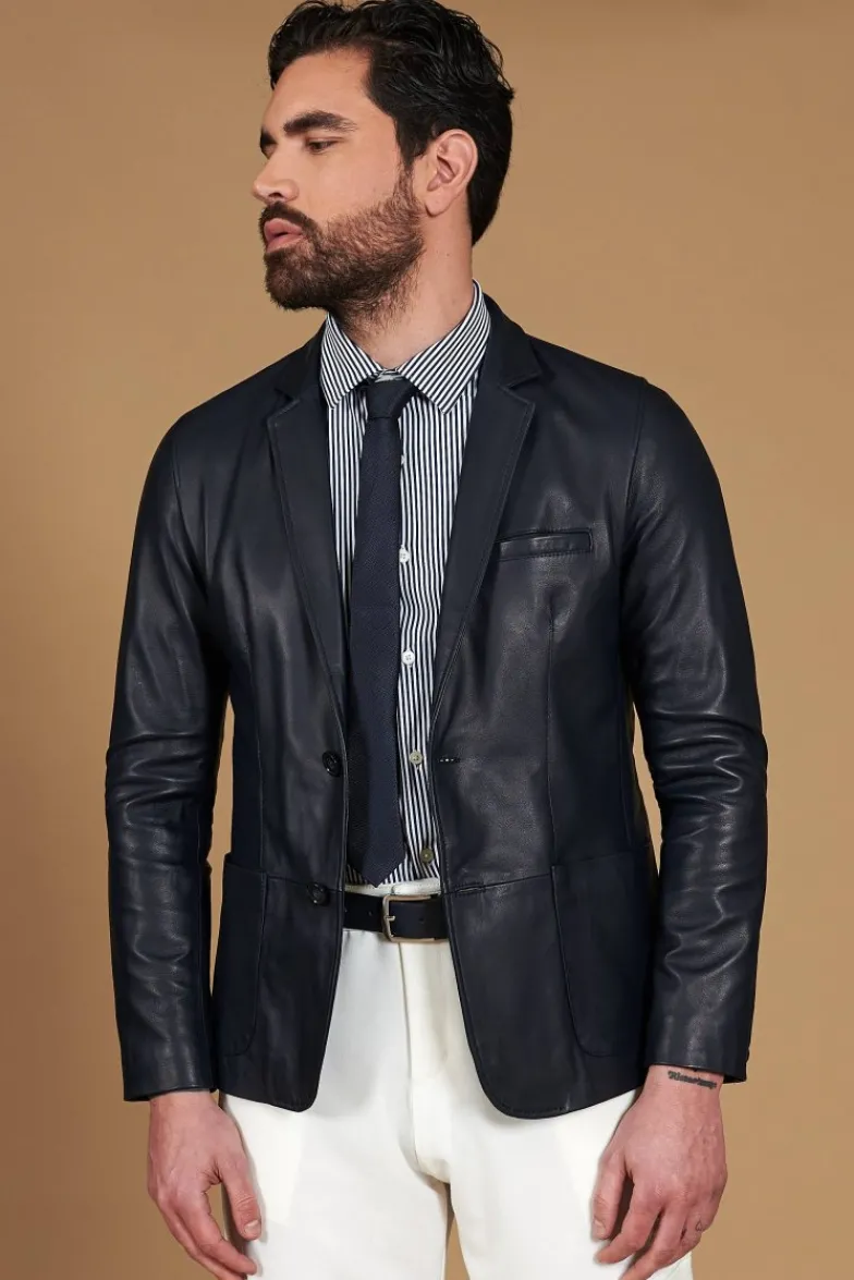 Uomo D'Arienzo Luke - Blazer in pelle naturale blu con due bottoni