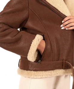 Donna D'Arienzo Malù - Montone shearling cuoio con cintura e cerniera trasversale