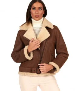 Donna D'Arienzo Malù - Montone shearling cuoio con cintura e cerniera trasversale