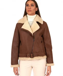 Donna D'Arienzo Malù - Montone shearling cuoio con cintura e cerniera trasversale