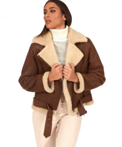 Donna D'Arienzo Malù - Montone shearling cuoio con cintura e cerniera trasversale