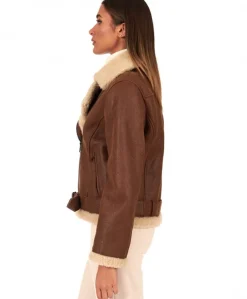 Donna D'Arienzo Malù - Montone shearling cuoio con cintura e cerniera trasversale