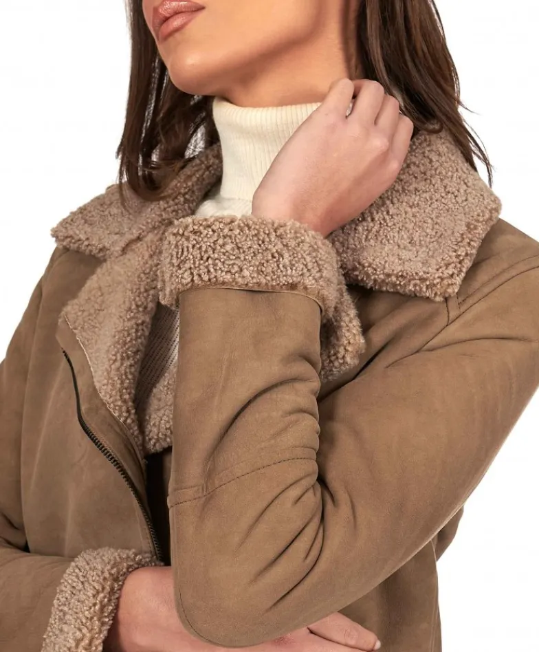 Donna D'Arienzo Malù - Montone shearling fango con cintura e cerniera trasversale