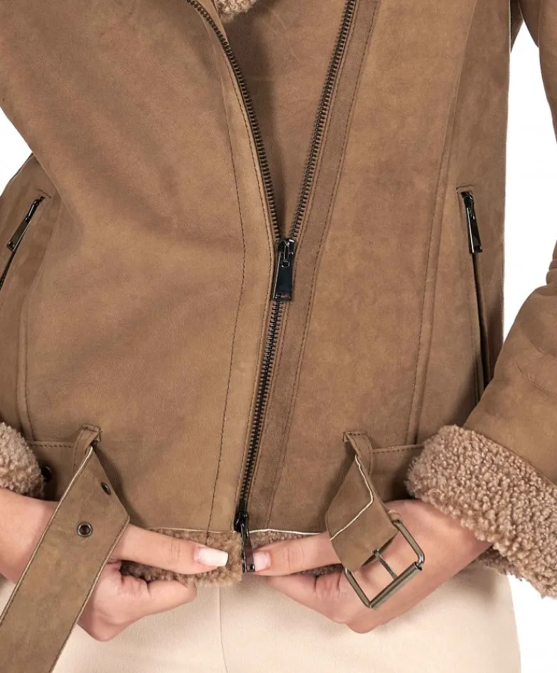Donna D'Arienzo Malù - Montone shearling fango con cintura e cerniera trasversale