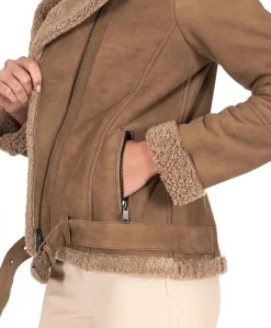 Donna D'Arienzo Malù - Montone shearling fango con cintura e cerniera trasversale