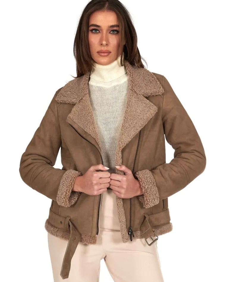 Donna D'Arienzo Malù - Montone shearling fango con cintura e cerniera trasversale