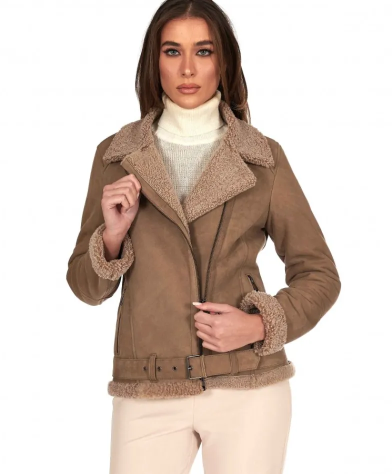 Donna D'Arienzo Malù - Montone shearling fango con cintura e cerniera trasversale