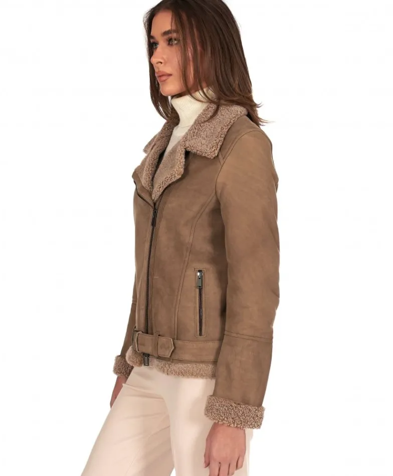 Donna D'Arienzo Malù - Montone shearling fango con cintura e cerniera trasversale