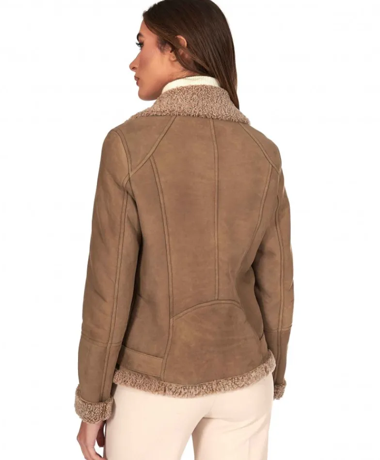 Donna D'Arienzo Malù - Montone shearling fango con cintura e cerniera trasversale