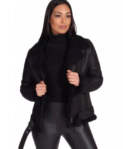 Donna D'Arienzo Malù - Montone shearling nero con cintura e cerniera trasversale