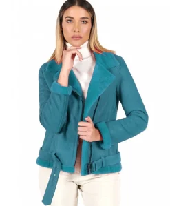 Donna D'Arienzo Malù - Montone shearling ottanio con cintura e cerniera trasversale