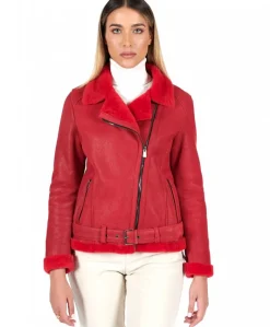 Donna D'Arienzo Malù - Montone shearling rosso con cintura e cerniera trasversale