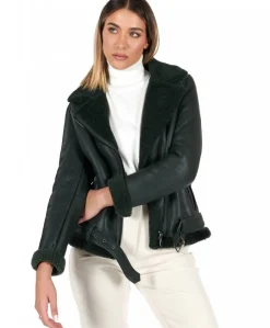Donna D'Arienzo Malù - Montone shearling verde con cintura e cerniera trasversale