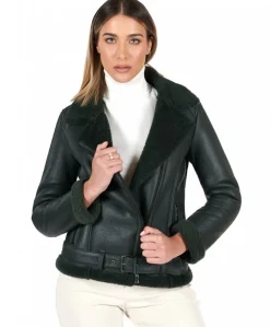 Donna D'Arienzo Malù - Montone shearling verde con cintura e cerniera trasversale