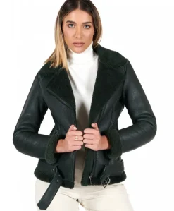 Donna D'Arienzo Malù - Montone shearling verde con cintura e cerniera trasversale