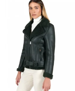 Donna D'Arienzo Malù - Montone shearling verde con cintura e cerniera trasversale