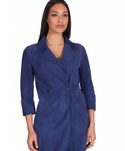Donna D'Arienzo Marika - Cappottino in pelle scamosciata blu fodera tessuto