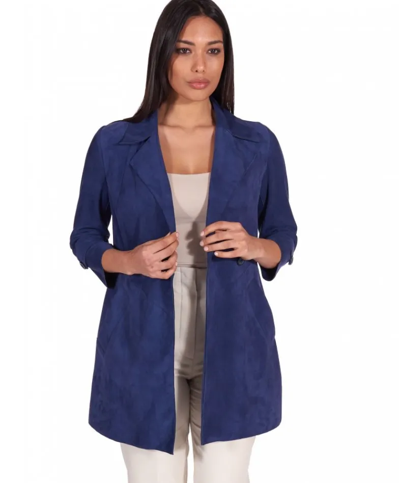 Donna D'Arienzo Marika - Cappottino in pelle scamosciata blu fodera tessuto
