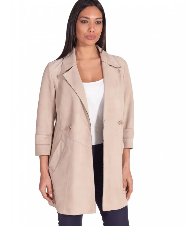 Donna D'Arienzo Marika - Cappottino in pelle scamosciata beige fodera tessuto