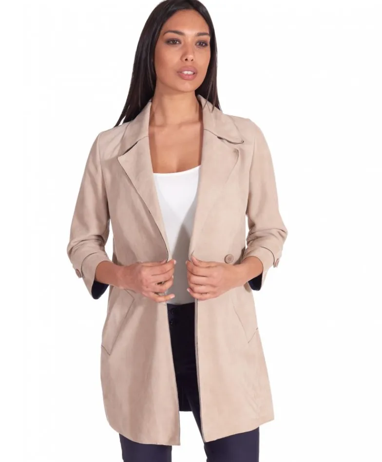 Donna D'Arienzo Marika - Cappottino in pelle scamosciata beige fodera tessuto