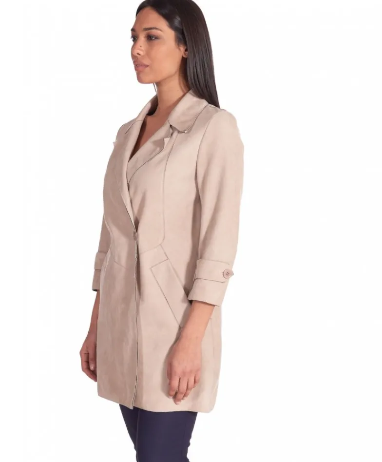 Donna D'Arienzo Marika - Cappottino in pelle scamosciata beige fodera tessuto