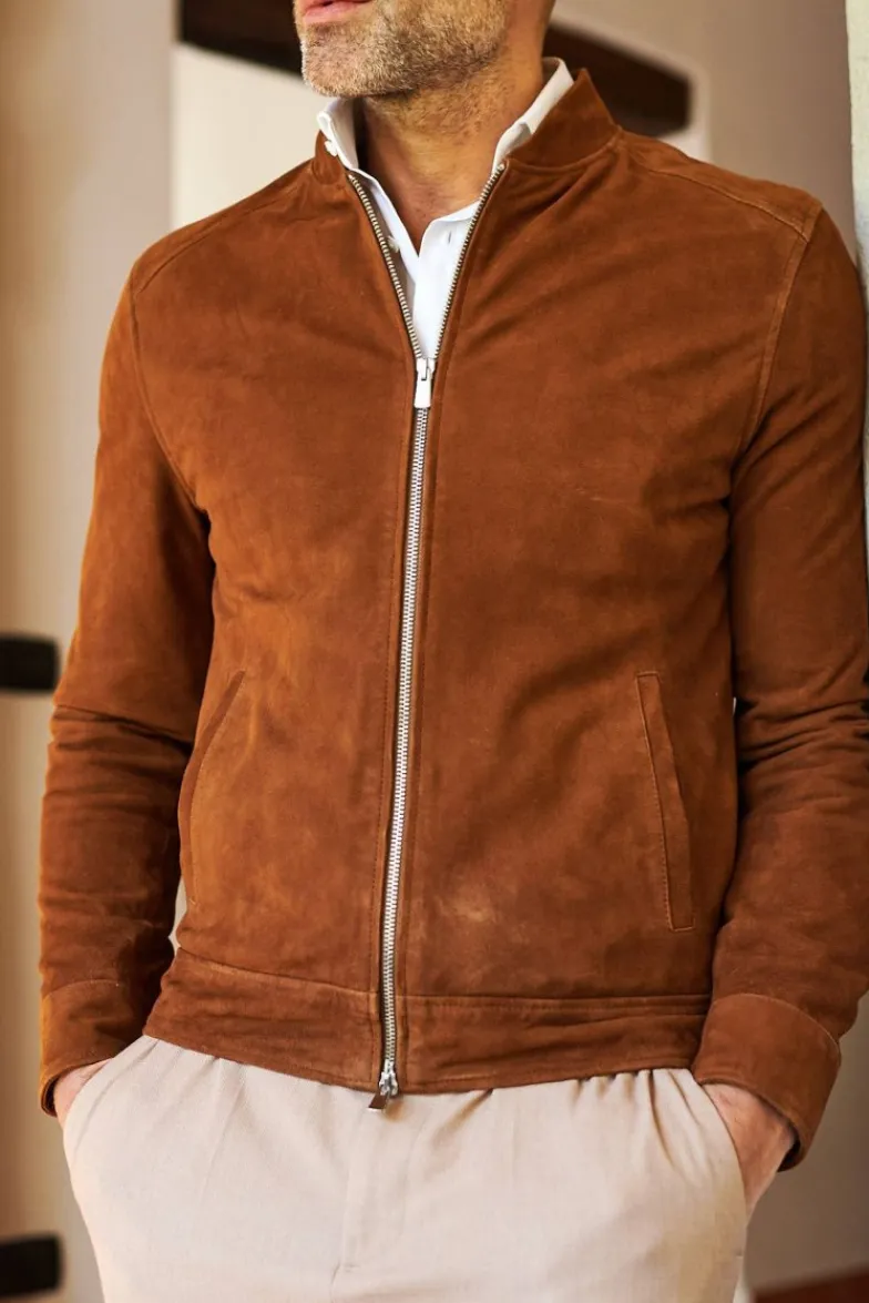 Uomo D'Arienzo Marlon - Giacca in pelle camoscio color cuoio con cerniera