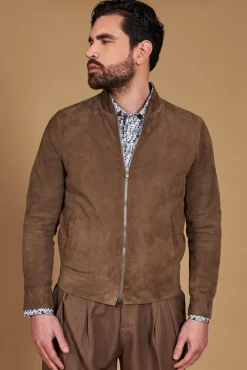 Uomo D'Arienzo Marlon - Giacca in pelle camoscio colore fango con cerniera