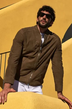 Uomo D'Arienzo Marlon - Giacca in pelle camoscio colore fango con cerniera